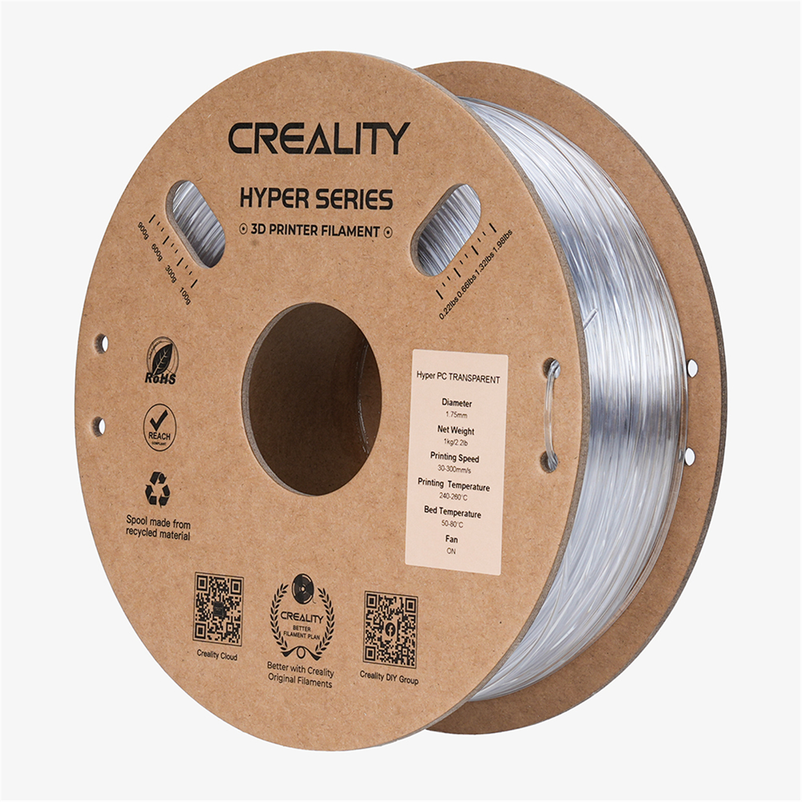 Creality Hyper PC Filament - Transparent 1kg - 1.75mm - Tough & Rigid - High Heat Resistance - Crystal-Clear Finish - Easy to Print - Less Warping